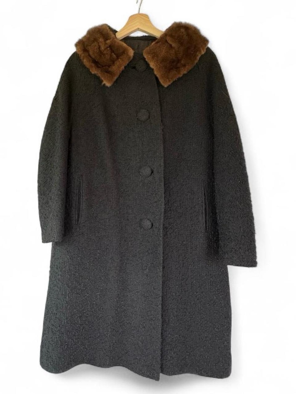 Vintage Black Wool Coat with Brown Genuine Fur Collar Small Lined Mob Wife Chic